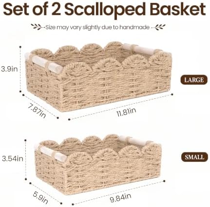 iEGrow Paper Rope Small Storage Baskets for Organizing, Set of 2 Scalloped Edge Wicker Basket with Wooden Handles Toilet Paper Basket for Over Toilet Storage Shelf, Home Decor, Living Room (Beige) - Image 2