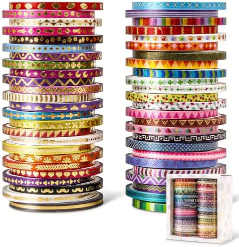 emmoolife 50 Rolls Skinny Washi Tape Set 3mm Wide, Gold Foil Print Masking Thin Basic Patterns Decorative Tapes for Scrapbooking, Junk Journal Supplies, Bullet Journaling, Craft Tape for Women Girl by emmoolife