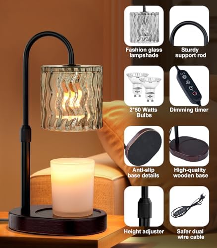 Candle Warmer Lamp Electric Timer: Dimmable Candles Warming Lamps - Height Adjustable Burner Jar - No Flame Scented Melts Wax - All Candle Jars Home Decor Table Light - Image 2