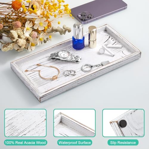 ALELION 11.7" White Bathroom Vanity Tray for Counter - Decorative Tray for Toilet Tank Makeup Perfume Jewelry Catchall Coffee Table - Wooden Kitchen Countertop Organizer for Soap Dispenser - Image 4