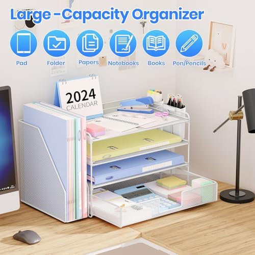 OPNICE Desk Organizer, 4-Tier Desktop File Organizer with Drawer and Pen Holders, Office Desk Accessories, File Sorters, Workspace Organizers for Office Supplies(White) - Image 4