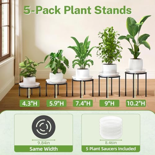 iDavosic.ly 5-Pack Metal Plant Stands with 5 Plant Saucer Tray, 10 In Black - Image 2