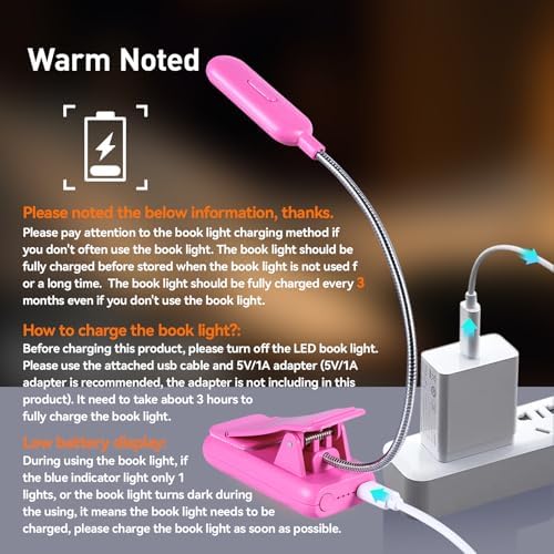 VAVOFO Rechargeable Book Light for Reading in Bed Kids, 7 LED Reading Light with 9-Level Warm Cool White Daylight, Eye Care Lamp with Power Indicator for Bookworms (Rose) - Image 6