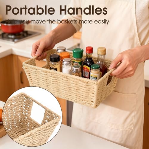 Paper Rope Storage Baskets for Shelves Organizing, Small Hand Woven Wicker Organizer Basket with Handle for Bathroom Toilet Paper Storage, Beige, 3-Pack - Image 2