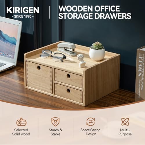 KIRIGEN Wooden Desk Organizer with 3 Drawers and Top Tray Natural DT1D3C-NA - Image 7