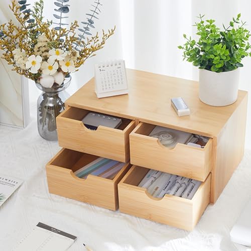 Bamboo Desk Organizer 4 Drawers, Countertop Organizer with Drawers Makeup Storage Drawer 4 Drawers Tabletop Storage Organization Box Home Office Workspace - Image 4