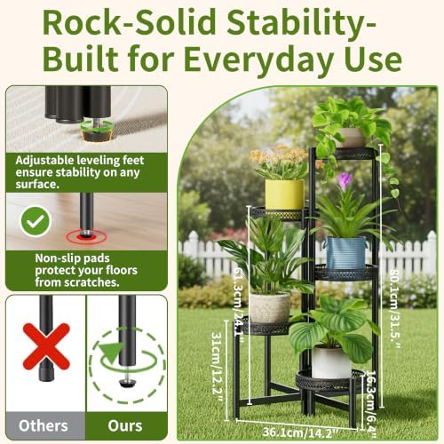Plant Stand Indoor Outdoor, 5 Tier Corner Metal Flower Display Holder Shelf, Folding Tall Rack for Patio Balcony Porch Garden Living Room House, Heavy Duty Wrought Iron Plant Shelf- BlackWave - Image 3