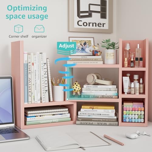 NUTIKAS Desk Shelves Desktop Organizer Shlef - Pink Office Organization for Top of Desk Organizers and Accessories Corner Bookshelf Table Top Shelving Small Hutch Decorations for Office - Image 6