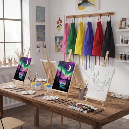 Cholemy 8 Set Paint and Sip Kit for Adults 8'' x 10'' Pre Drawn Canvas with Wooden Easels Acrylic Paint Brushes Wash Cup Palette Apron for Painting DIY Date Night Party Supplies (Moonlit Night) - Image 2
