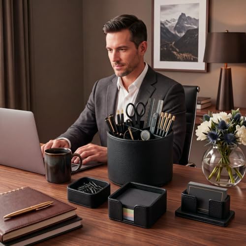 4 Pcs Aesthetic PU Leather Desk Organnizer Set, Black - Image 2