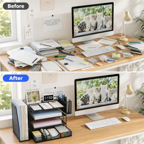 4-Tier Desk File Organizer with Drawer & Pen Holder (Black) - Image 3