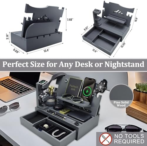 Nightstand Organizer for Men with Large Drawer Gift for Men, Grey - Image 2