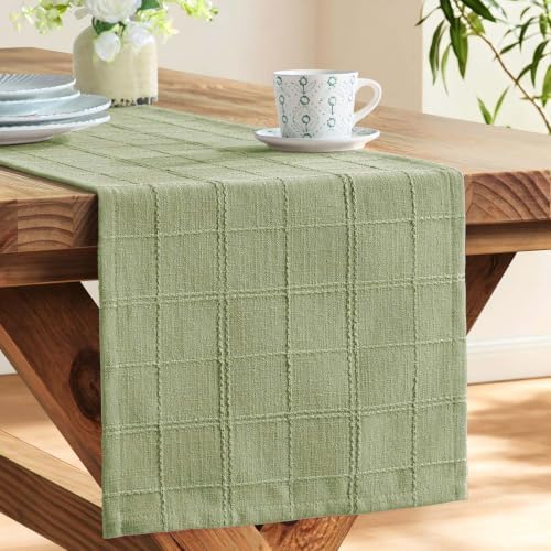 ZeeMart Linen Checked Farmhouse Table Runner, 13x90 Inches Sage Green - Image 4