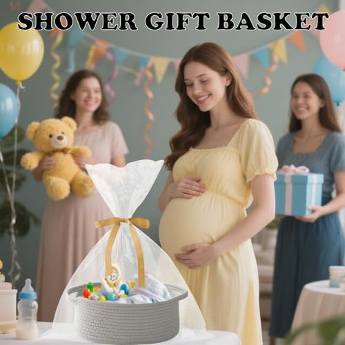 Grey Woven Rope Basket - Baby Gift Basket with Bag & Ribbon - Image 4