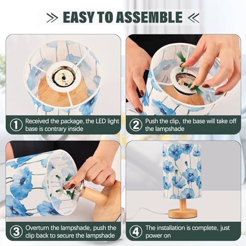 Watercolor Light Blue Poppy Flowers Bedside Table Lamps with USB Port for Bedroom Lamp Accent Table Lamp Small Nightstand Lamp Sturdy Linen Shade Wooden Decorative Lamps for Office Dorm Home - Image 6