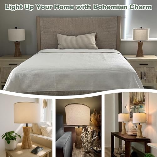 OYEARS 22.5" Table Lamps for Living Room,Boho Lamps Set of 2 for Bedrooms, Bedside Lamp for Nightstands, Rattan Lamp, Farmhouse Table Lamp for Room Decor, End Table, Retro, Brown（Not Include Bulbs） - Image 4