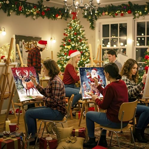 Ctosree 72 Pcs Christmas Paint and Sip Kit for Adults 8'' x 10'' Pre Drawn Canvas for Painting DIY Pre Printed Canvas for Party Favor Afro Acrylic Painting Kit Wood Easel Brushes Date Night Bulk - Image 5