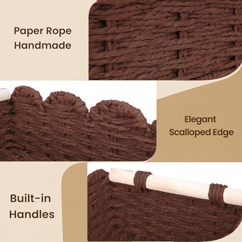 iEGrow Paper Rope Small Storage Baskets for Organizing, Set of 2 Scalloped Edge Wicker Basket with Wooden Handles Toilet Paper Basket for Over Toilet Storage Shelf, Home Decor, Living Room (Brown) - Image 5
