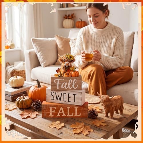 Moucuny 4 Pcs Highland Cow Fall Table Decorations, Sweet Fall Pumpkin Signs - Image 4
