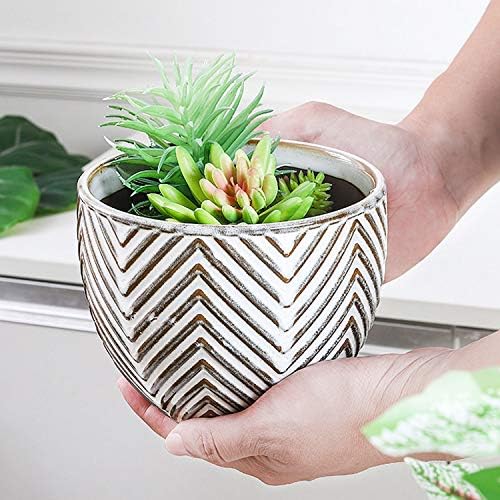 VanEnjoy 5.5 inch Large Round Bohemian Style Ceramic Planter, Geometry Engrave Off White Brown Succulent Planter Flower Pot, Indoor Outdoor Decorative Planter - Image 3