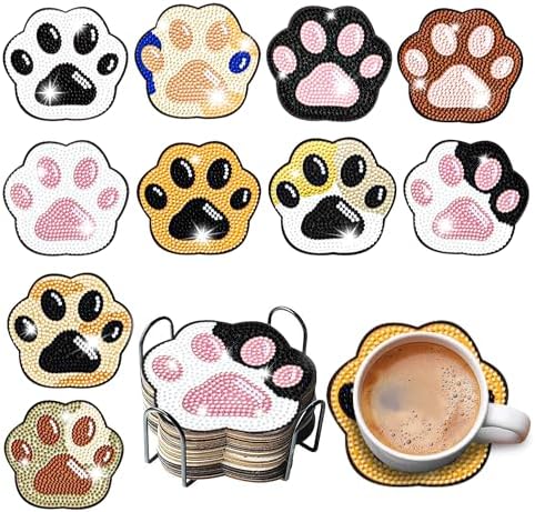 10 pcs Diamond Painting Coasters | Diamond Art Coasters | Cat Paw Diamond Art Painting | Perfect Art Craft Gift for Cat Lover, Dad, Mom, Grandparents, Brother, Sister. by LGANHAPY