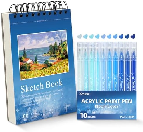 Acrylic Gel Pens for Coloring, 10 Blue Gel Pens with A5 Sketchbook by Xmusk