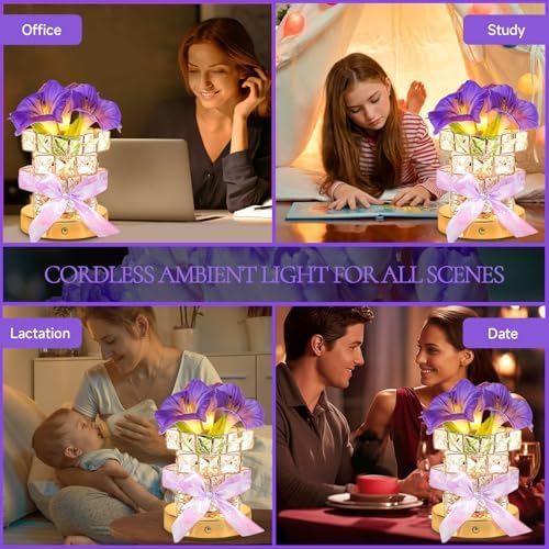 Flower Table Lamp, 3-Color Dimmable Artificial Flowers Night Light, Rechargeable Cordless Small Desk Lamp, Morning Glory with Crystal Vase for Date Party Home Decoration (MF Morning Glory-Purple) - Image 6