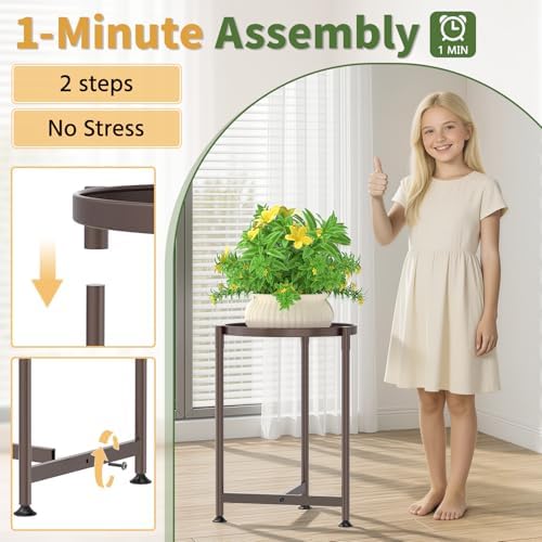 LASZOLA Metal Small Plant Stand Indoor Tall with 11 Inch Large Tray, Brown - Image 5