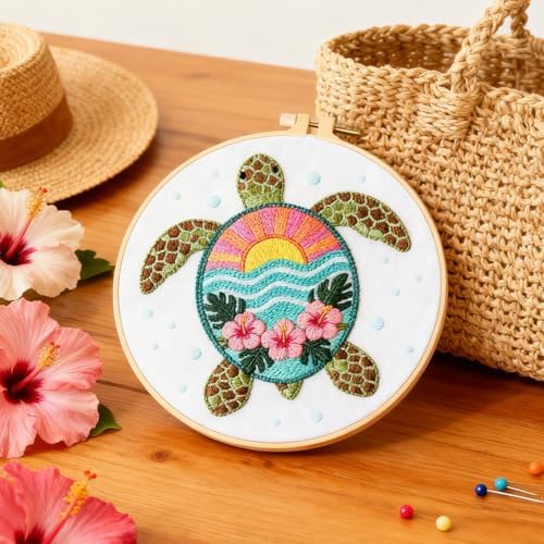 BEUNITONE 4 Sets Sea Turtle Embroidery Kits for Beginners DIY Craft Kits for Adults with Printed Patterns, Hoops and Instructions, Hibiscus Flower Needlepoint Kits for Clothing and Home Decor - Image 5