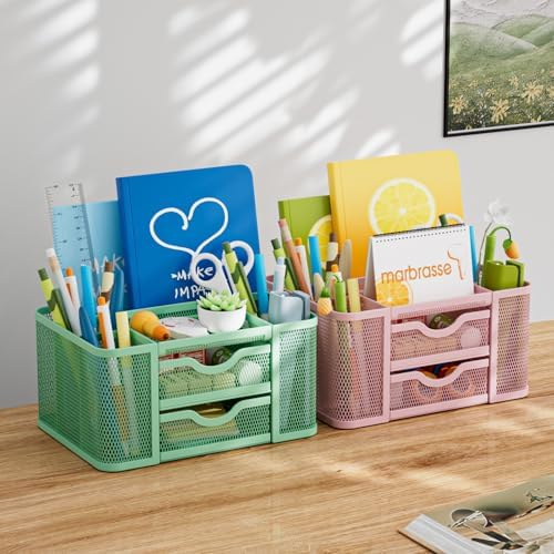 Marbrasse Mesh Desk Organizer, Pen Organizer with 2 Drawer, Multi-Functional Pencil Holder, Desk Organizers and Accessories with 5 Compartments + Drawer for Office Art Supplies (Green) - Image 3