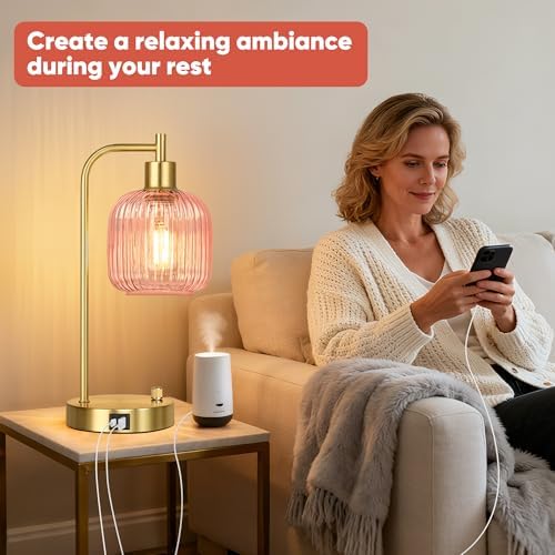 Pink Glass Table Lamps Set of 2, Dimmable Bedside Lamps for Living Room - Image 5
