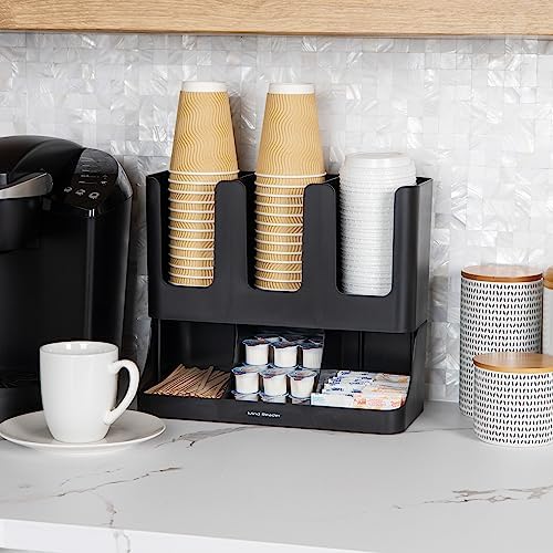 Mind Reader Condiment Station, 13 Inch Countertop Coffee Bar Organizer with 6 Compartments, Storage Caddy for Cups, Lids and Packets, Plastic, Black - Image 2
