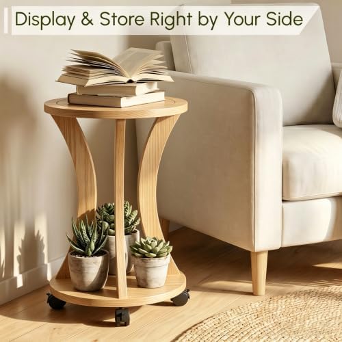 2 Tier Wooden Plant Stand Indoor with Wheels – Tall Plant Stand for 6-13 Inch Pots, Mid-Century Modern Rustic Plant Table Indoor, Pedestal Stand for Corner, Living Room, Balcony, Original Wood - Image 3