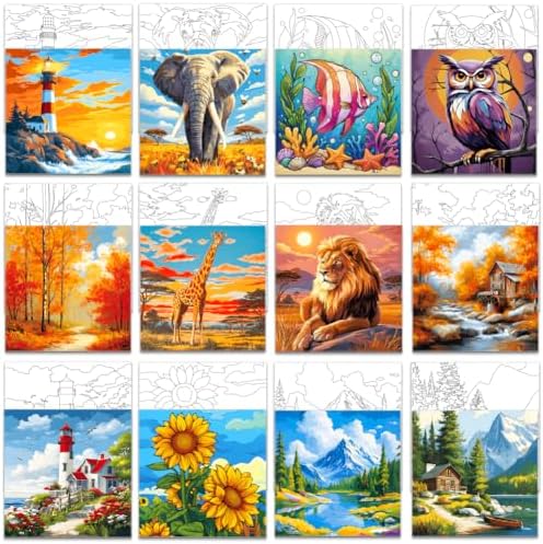 GLASSWINDS 12 Pcs Pre Drawn Canvas to Paint for Adults, 8 x 8 Inch Sip and Painting Kit Outline Canvas Art Pre Printed Canvases for Painting Canvases With Pictures to Paint Party Set(Mixed Style) by GLASSWINDS