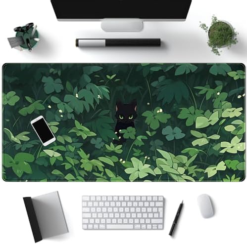 Black Cat Anime Desk Gaming Mat, XL Green & Large, 31.5x15.8in, for Women & Offices by Mechanical+Cattle