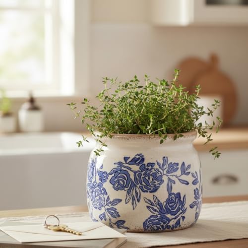 Chinoiserie Ceramic Plant Pot for Garden Decor, 6.3in Rustic Farmhouse Planter with Drainage Hole for House Plants, Blue and White Vase for Centerpiece, Kitchen & Office Decoration, Plant Lover Gifts - Image 6