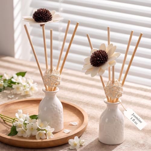 2PCS Jasmine Reed Diffuser Set,1 fl oz Ceramic Bottle with 5 Sticks & Sunflower Rattan Ball Decor, Plant-Based Non-Toxic Essential Oil, Long-Lasting Home Fragrance for Bedroom Bathroom by WOHSEROM