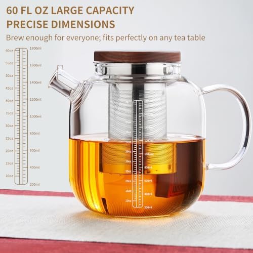 Glass Teapot with Infuser and Lid, 61oz/1.8L Large Borosilicate Glass Tea Pot with Removable Stainless Steel Strainer, Heat-Resistant Handle, Stovetop Safe Tea Kettle for Loose Leaf, Blooming Tea - Image 2