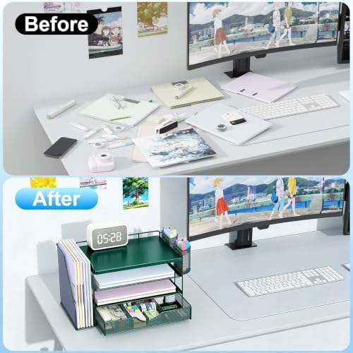 gianotter Wood Desk Organizers and Accessories with File Holder, 4-Tier Desk Accessories & Workspace Organizers with Drawer and 2 Pen Holder, Desk Reference Organizer (Green, 4T with Metal Drawer) - Image 2