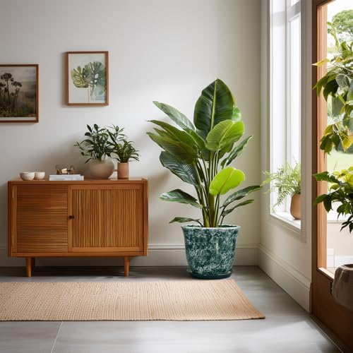 Ceramic Plant Pots - 10 Inch Plant Pot for Indoor Outdoor, Round Planter with Drainage Hole and Tray, Decorative Flower Pots, Modern Planters, Home Patio Garden Decor, Garden Gifts, Green - Image 3