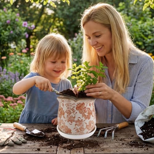 Ceramic-Planters-for-Indoor-Plants with Saucer, 6 inch Vintage Ice Crackle Glaze Plant Pots with Drainage Holes, Decorative Flower Pots for Outdoor Garden Home Decor, Tuscan Pot for Plant - Image 6