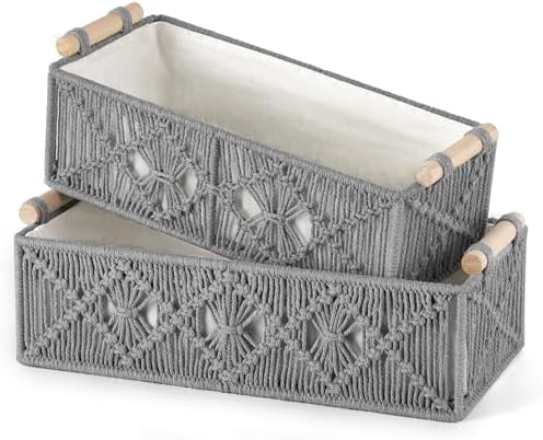Mkono 2Pc Macrame Storage Basket, Boho Decor Toilet Paper Organizer, Grey - Image 4