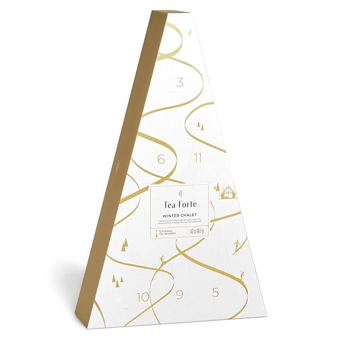 Tea Forte Tea Advent Calendar Gift Set; 12 Individually Wrapped Handcrafted Assorted Pyramid Infuser Tea Bags with Numbered Doors, Winter Chalet