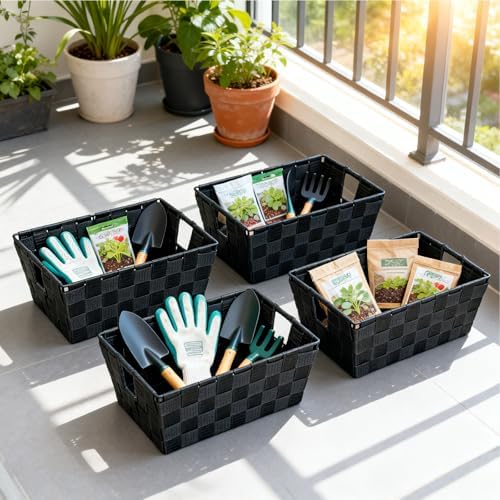 Black Storage Baskets for Shelves, Woven Shelf Baskets for Organizing, Small Strap Organizer Basket for Bathroom Storage, Set of 4 - Image 5
