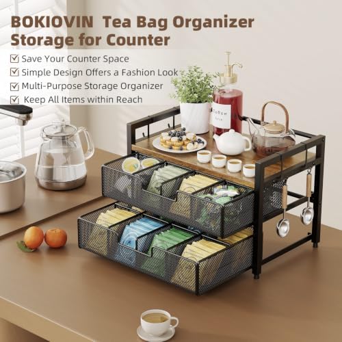 Tea Bag Organizer with 2 Drawers, 3 Tier Tea Bag Holder with Mug 4 Hooks - Image 6