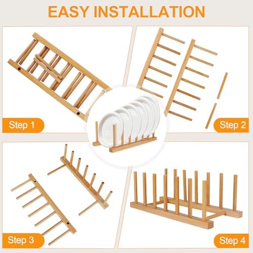 SAMEBUTECO Bamboo Wooden Dish Racks Plate Stand Holder Vertical Drainer Kitchen Cabinet Organizer for Dish, Pots, Lids, Bowls, Cups, and Cutting Boards and Books(2 Packs) - Image 3