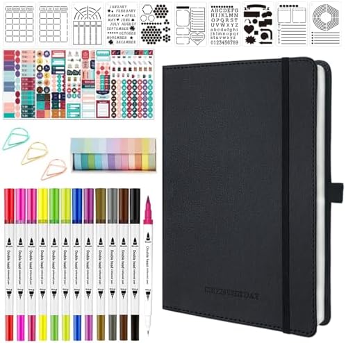 Y&I Bullet Dotted Journal Kit, A5 Hardcover Dotted Journal Notebook with 200 Pages, 120GSM Thick Paper, Stencils Stickers Pens Washi Tapes, Dotted Journaling Kit for Beginners Women Teen Girls (Black) by YINGIRON