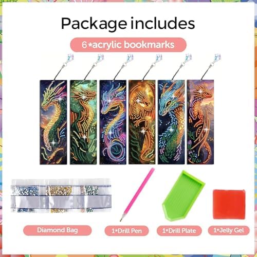 5D DIY Diamond Art Bookmarks Kit Dragon 6 PCS Acrylic Diamond Painting Bookmarks Kits with Tassels Double Side, Rhinestone Crafts Decoration Gift Set for Book Lovers Beginners & Adults (Partial Drill) - Image 5