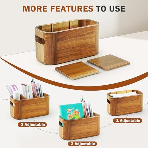 Acacia Pencil Pen Holder for Desk, Wooden Office Organizer with 3 Slots for Countertop, Makeup Brush Holder Remote Control Organizer for School Home Supplies - Image 2