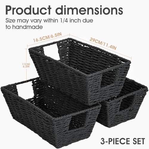 Paper Rope Storage Baskets for Shelves Organizing, Small Hand Woven Wicker Organizer Basket with Handle for Bathroom Toilet Paper Storage, Black, 3-Pack - Image 3